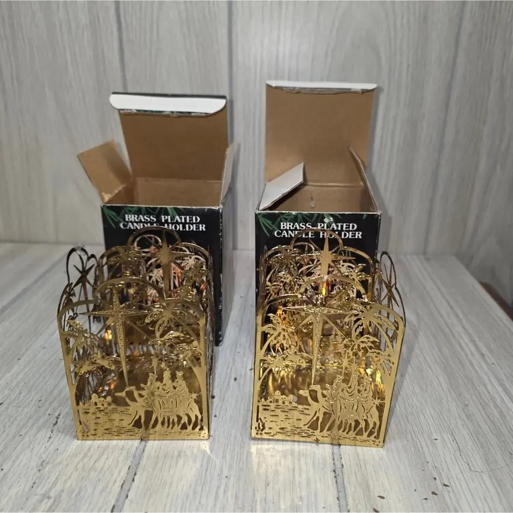 Vtg Brass Plated Nativity Candle Holder Set Of 2 MCM Holiday Religious Regency